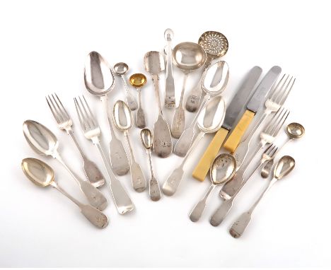 λA collection of silver Fiddle pattern flatware, various dates and makers, comprising: thirteen table forks, twelve tablespoo