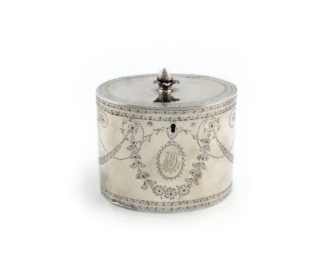A George III silver tea caddy, by Robert Hennell, London 1780, oval form, bright-cut and foliate decoration, flush hinged cov