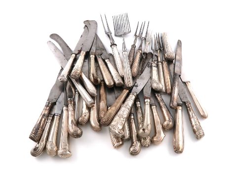 A large collection of silver-handled table knives, various dates, makers and patterns, plus a silver-handed steel serving for