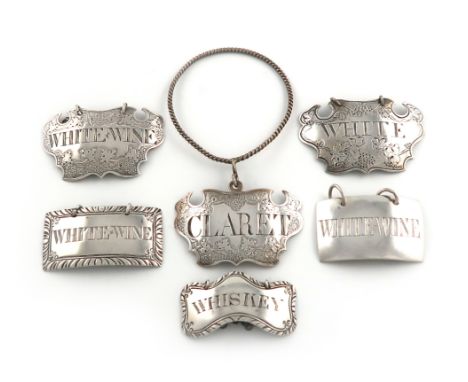 A small collection of six 18th century silver wine labels, comprising: one by Richard Binley, London circa 1760, rectangular 