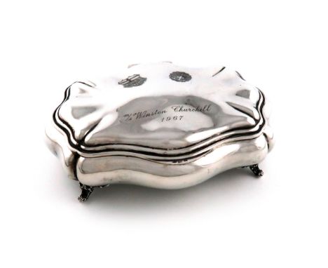 A modern Italian presentation silver dressing table box, circa 1967, shaped rectangular bombe form, the hinged cover engraved
