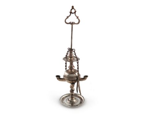 A late 18th / early 19th century miniature silver Italian table lamp, maker's mark FY, also marked 'CAPS', baluster form, swi