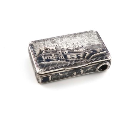 A 19th century Russian silver and niello work vesta box, Assay master Nikolay Dubrovin, Moscow 1834, rectangular form, the hi