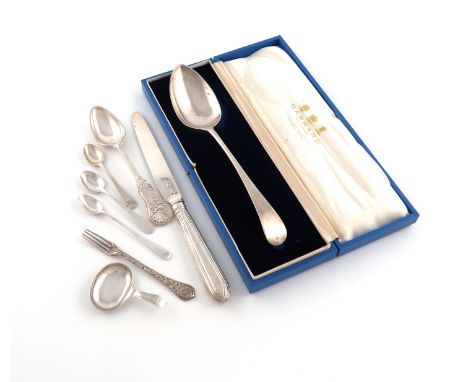 A mixed lot of silver flatware, comprising: a George III fruit knife, by Moses Brent, London 1784/85,  marked with the Duty d