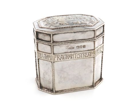 By Omar Ramsden and Alwyn Carr, an Edwardian Arts and Crafts silver tea caddy, London 1908, also engraved 'OMAR RAMSDEN ET AL