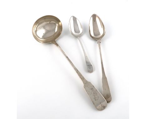 A small collection of Newcastle silver flatware, comprising: a Fiddle pattern soup ladle, by John Robertson II &amp; John Wal