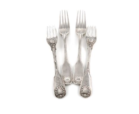 Two pairs of George III and William IV Regimental silver Fiddle, Thread and Shell Table forks, The Royal Irish Rifles, two by