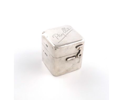 An Edwardian silver travelling inkwell, by S. Mordan, London 1906, rectangular form, the hinged cover engraved 'Phyllis', wit