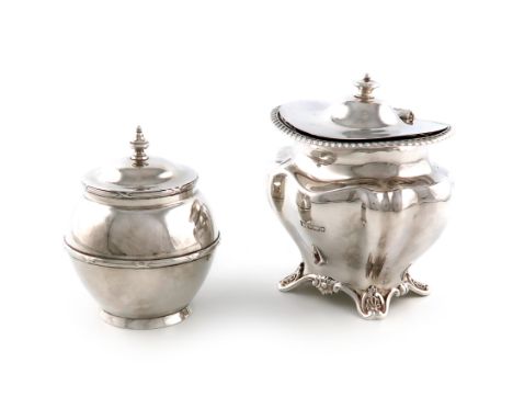 An Edwardian silver tea caddy, by the Fenton Brothers Ltd, Sheffield 1903, lobed oval form, gadroon border, knop finial, on f