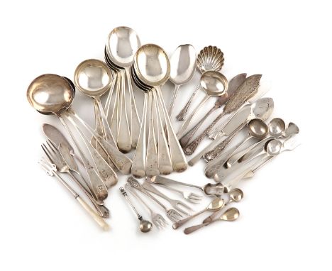 A mixed lot of silver flatware, various dates and makers, comprising: a set of eight Old English pattern soup spoons, London 