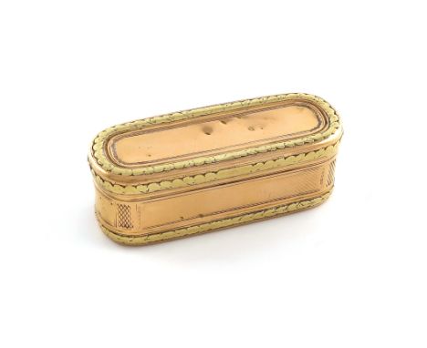 An early 19th century French two-colour gold snuff box, circa 1818, oblong form, the hinged cover and base with a foliate bor
