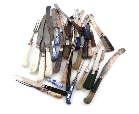 A collection of ceramic and agate handled knives and forks, various designs, dates and makers, including an agate cannon hand