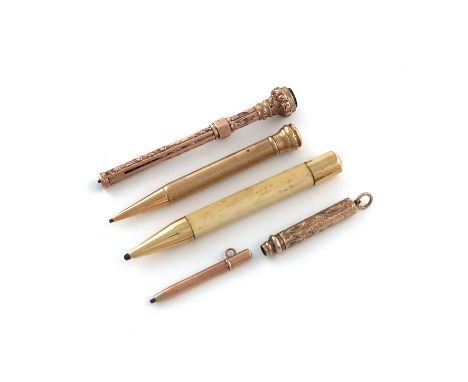 A small collection of five 9 carat gold pencils, comprising: a Mordan gold slide pencil, chased decoration, with a bloodstone