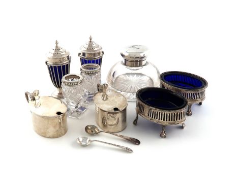 A mixed lot of silver items, various dates and makers, comprising: a Victorian silver-mounted glass inkwell, by J. Grinsell a