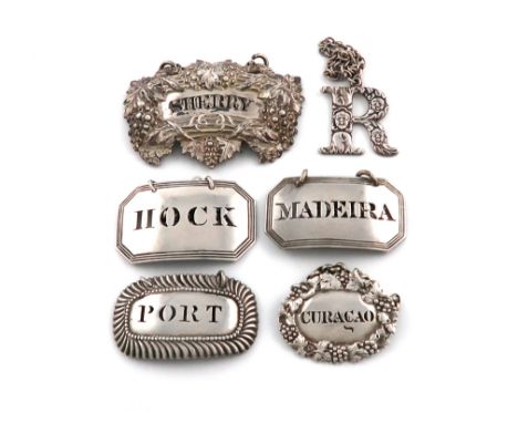 A small collection of six antique silver wine labels, comprising: a George IV one by Reily and Storer, London 1828, oval form