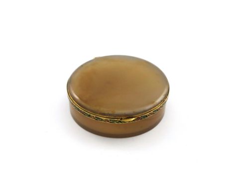 A French gold and enamel mounted hardstone bonbonniere, marked with an eagle's head and maker's mark, circular agate body, th
