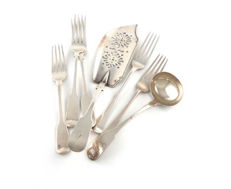 A small collection of Scottish silver flatware, various dates and makers, comprising: a fish slice, by William Jamieson, Edin