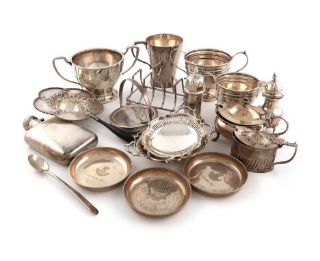 A mixed lot of silver items, various dates and makers, comprising: a hip flask, a mug, a cream jug and sugar bowl, another su