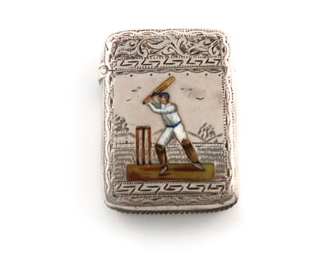 A late-Victorian silver and enamel cricket vesta case, by Joseph Gloster, Birmingham 1892, rectangular form, enamelled with a