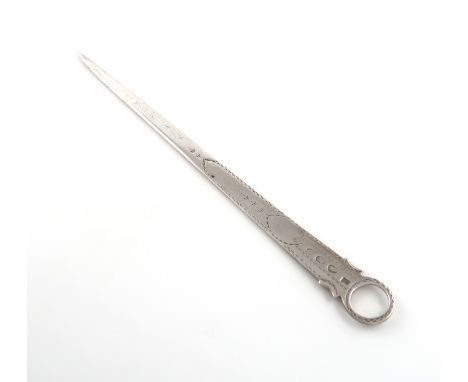 A George III Irish silver Bright-cut meat skewer, possibly by John Sheils, Dublin circa 1790, tapering form, ring-handle, len