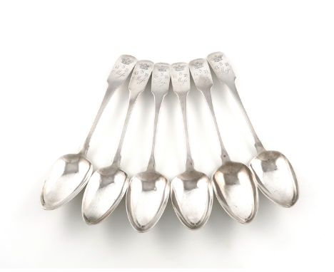 A set of six George III Irish Regimental silver Fiddle pattern tablespoons, 8th Garrison Battalion, by Tudor and Whitford, Du