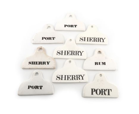 A collection of nine ceramic bin labels, coat hanger form, four stamped Spode, including a pair 'PORT' and 'SHERRY' and two '