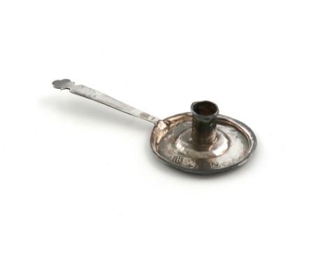 A Queen Anne miniature silver chamber stick, by George Manjoy,  London 1712, circular form, plain socket, tapering shaped lon