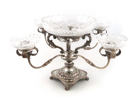 A modern silver épergne, by W I Broadway &amp; Co., Birmingham 1987, baluster column with foliate decoration, with four leaf 