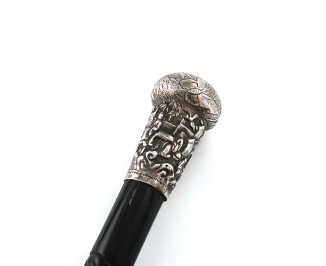 A late 19th century Chinese silver-mounted walking cane, unmarked, tapering circular form, chased with figures in landscape s