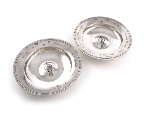 Two modern presentation silver armada dishes, by Carrington and Co., London 1962, circular form, the centre engraved with Nel