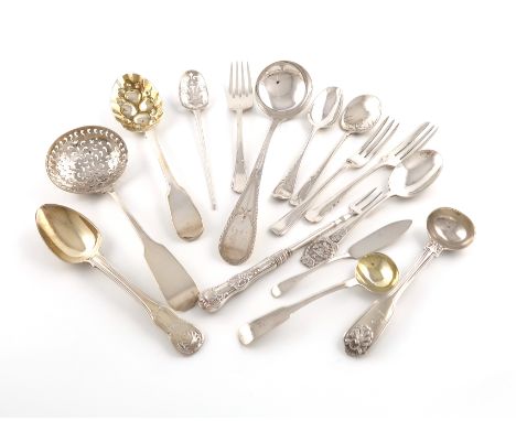 A mixed lot of silver flatware, various dates and makers, comprising: an 18th century mote spoon, marks worn, the bowl with p