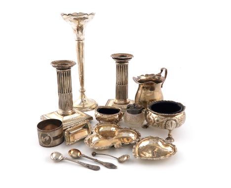 A mixed lot of silver items, various dates and makers, comprising: a pair of Victorian dwarf candlesticks, by Mappin and Webb