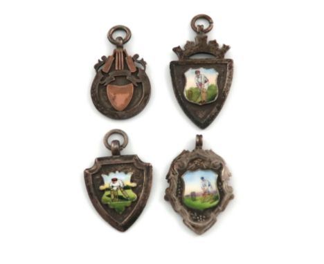 A collection of four silver cricket fobs, various dates and makers, comprising three with enamel cricketers, with ring attach