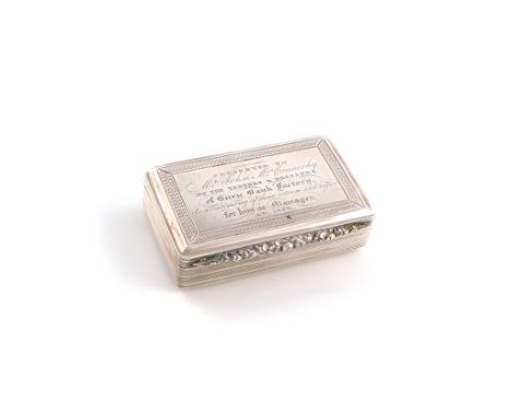 A George IV presentation silver snuff box, by Thomas Saw, Birmingham 1827, rectangular form, engine-turned sides and base, th