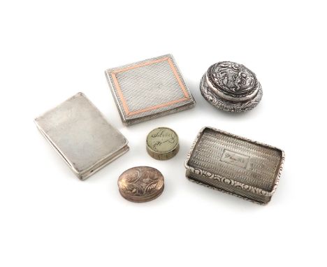 A small collection of five silver boxes, various dates and makers, including a William IV snuff box, by Thomas Shaw, Birmingh