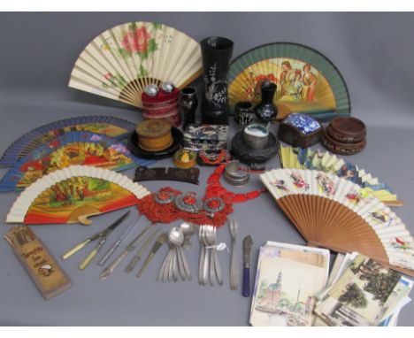 Wooden vases and lidded box with mother of pearl inlay, Chinese balls, jewellery, WMF cutlery, fans, trinket boxes, antique h