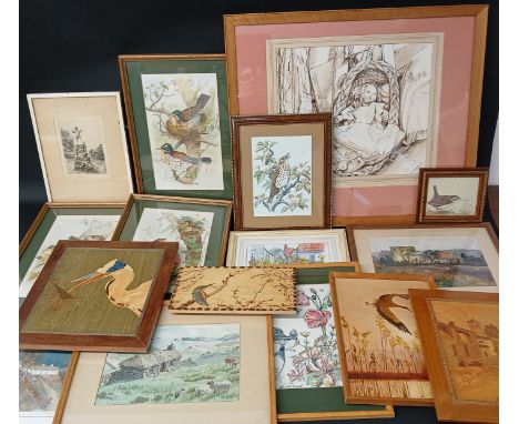Framed etching Peter Pan statue in Kensington Gardens signed in pencil Edward J Cherry 23cm x 30.5cm, a selection of framed w