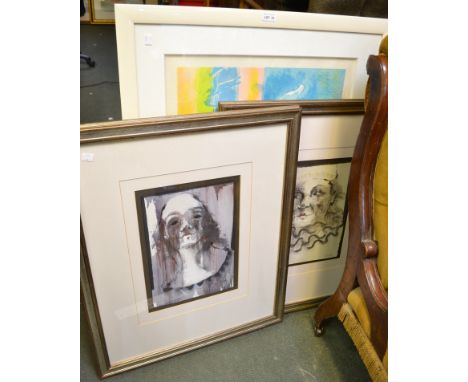 Two Pierrot portraits and a horse themed print
