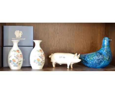 A Beswick pig, two boxed Wedgwood vases and a studio pottery example of a dove Condition: Minor chips and loss to glaze to to