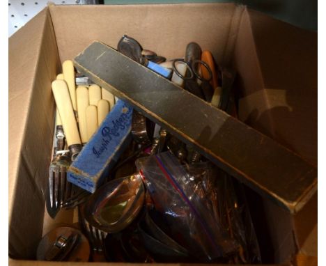 A selection of table cutlery to include a collection of pickle forks and a HM caddy spoon