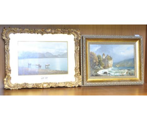 A small oil painting, a castle beside a loch, gilt framed, together with a framed print of a lake scene&nbsp;