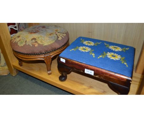 Three various footstools, with woolwork tapestry upholstered tops