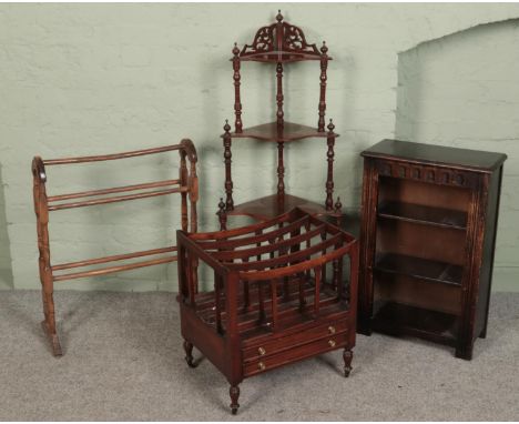 Four pieces of furniture. Includes a mahogany corner whatnot stand with pierced gallery top, Edwardian mahogany Canterbury, o