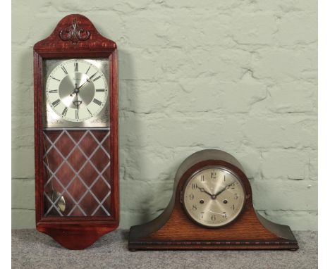 Two clock, to include an oak dome topped mantle clock, with silvered Arabic Numeral dial, chiming on a coiled gong alongside 