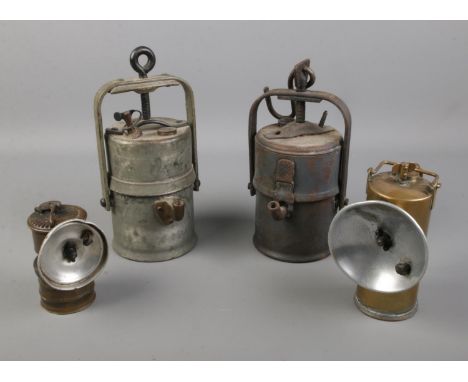 Premier Brass Carbide Lamp, 10.5cm high, Premier lamp example and two others larger  
