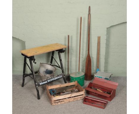 A quanitity of tools inlcuding Wickes workbench, circular saw, mallets, hammers, screw drivers, saws, Two copper plungers, ro