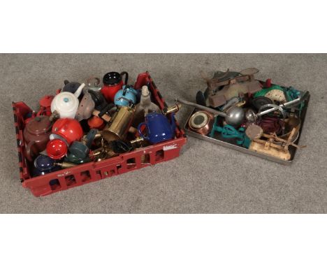 A large quantity of metalwares including enamel teapots, weighing scales, candlesticks and blow torches etc.  