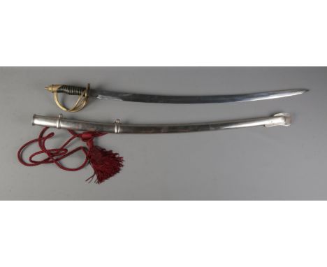 A vintage Indian cavalry sword featuring brass and leather hilt and white metal scabbard. CANNOT POST OVERSEAS.  