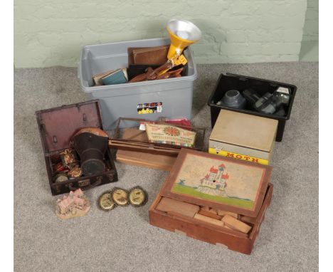 A quantity of mixed collectables including anglepoise lamp, gas mask, various artist equipment, various wooden items, cameras