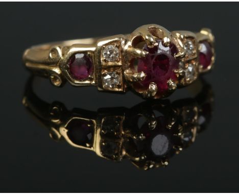 An early Twentieth Century 18ct Gold Ruby and Diamond ring. Size J. Total weight: 2.2g  